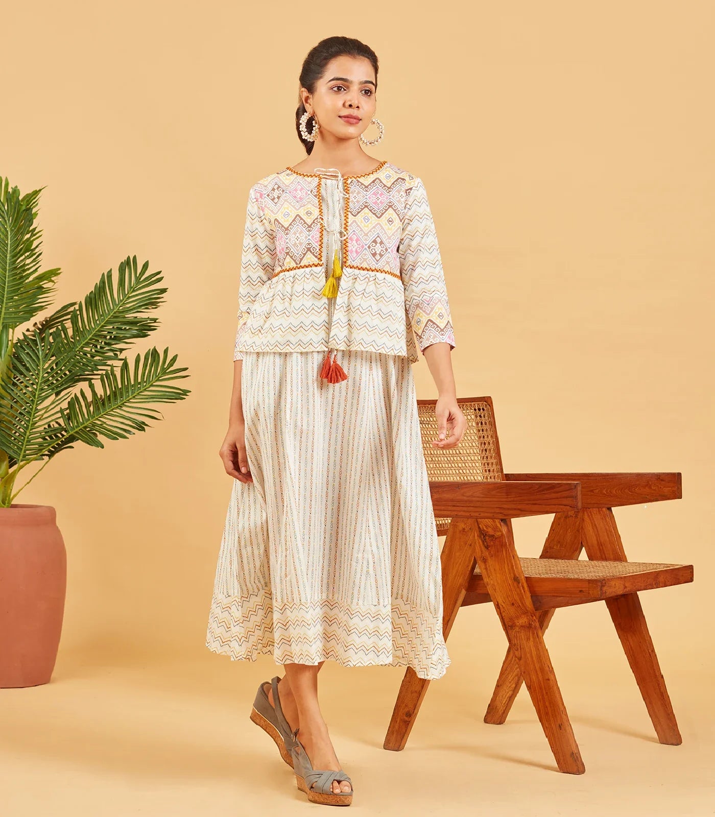 White Geometric Printed Dress With Overcoat