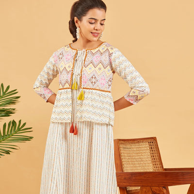 White Geometric Printed Dress With Overcoat