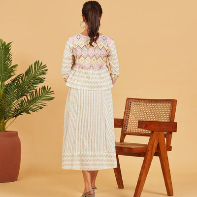White Geometric Printed Dress With Overcoat