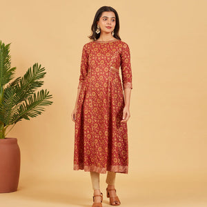 Gold Maroon Floral Printed Kurta