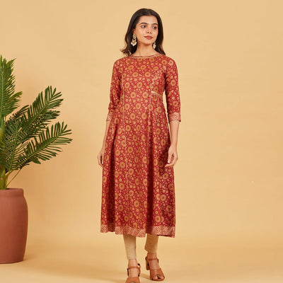 Gold Maroon Floral Printed Kurta