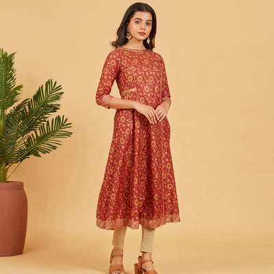 Gold Maroon Floral Printed Kurta