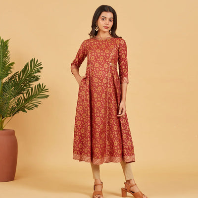 Gold Maroon Floral Printed Kurta