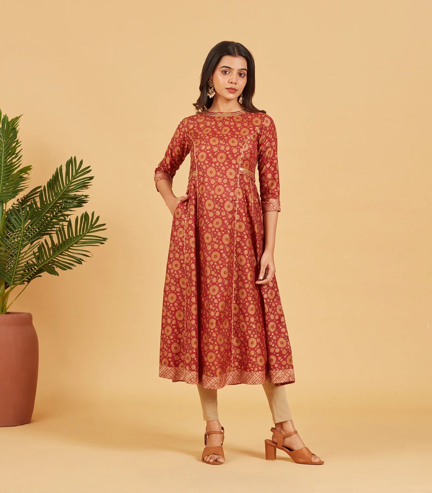 Gold Maroon Floral Printed Kurta