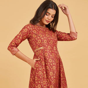 Gold Maroon Floral Printed Kurta