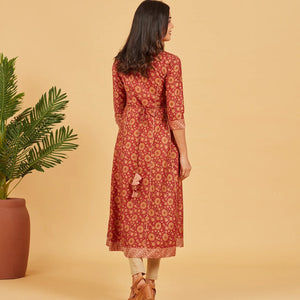 Gold Maroon Floral Printed Kurta