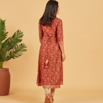 Gold Maroon Floral Printed Kurta