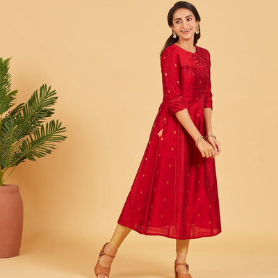 Deep Red And Gold Zari Work Kurta