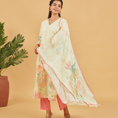 Pastel Yellow Printed Kurta Set With Dupatta