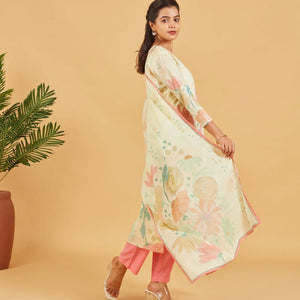 Pastel Yellow Printed Kurta Set With Dupatta