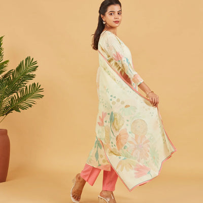 Pastel Yellow Printed Kurta Set With Dupatta