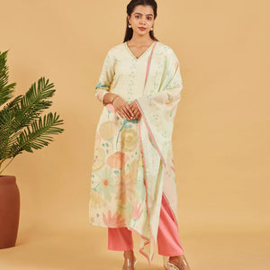 Pastel Yellow Printed Kurta Set With Dupatta