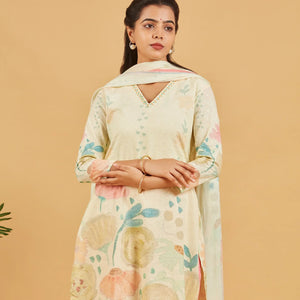 Pastel Yellow Printed Kurta Set With Dupatta