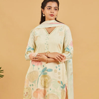 Pastel Yellow Printed Kurta Set With Dupatta