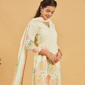 Pastel Yellow Printed Kurta Set With Dupatta