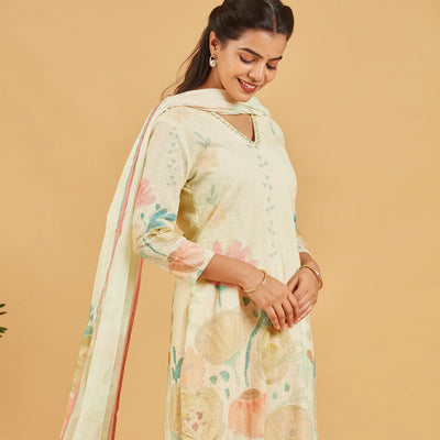 Pastel Yellow Printed Kurta Set With Dupatta