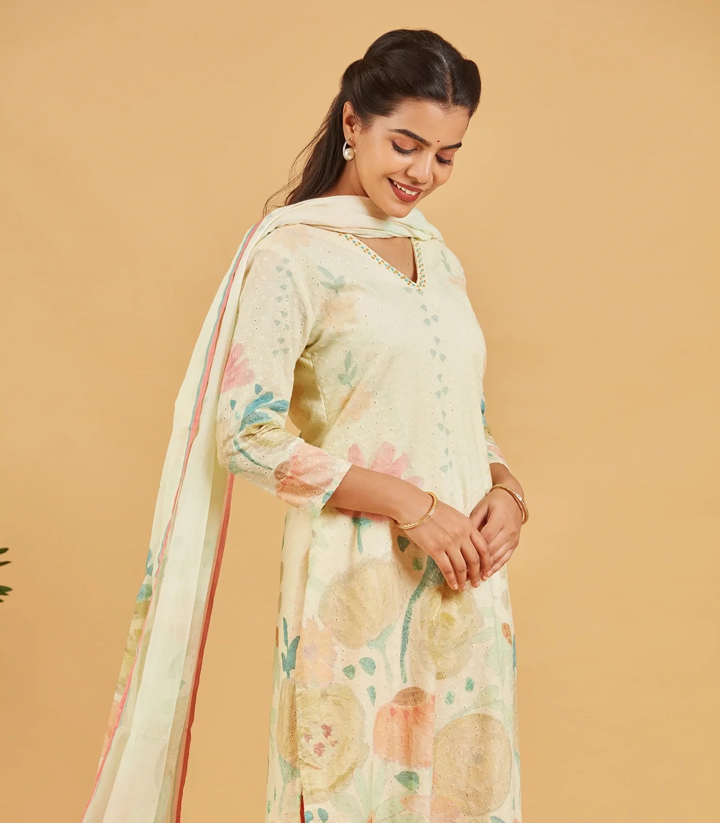 Pastel Yellow Printed Kurta Set With Dupatta
