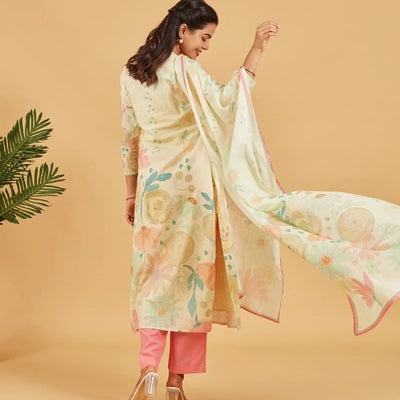 Pastel Yellow Printed Kurta Set With Dupatta