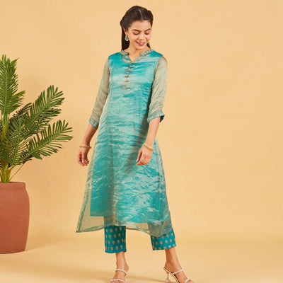 Teal And Gold Tissue Kurta