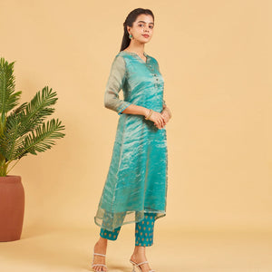 Teal And Gold Tissue Kurta