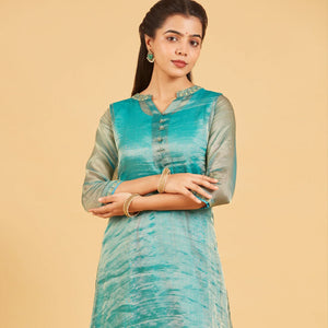 Teal And Gold Tissue Kurta