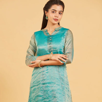 Teal And Gold Tissue Kurta