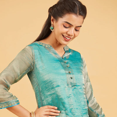 Teal And Gold Tissue Kurta