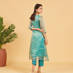Teal And Gold Tissue Kurta