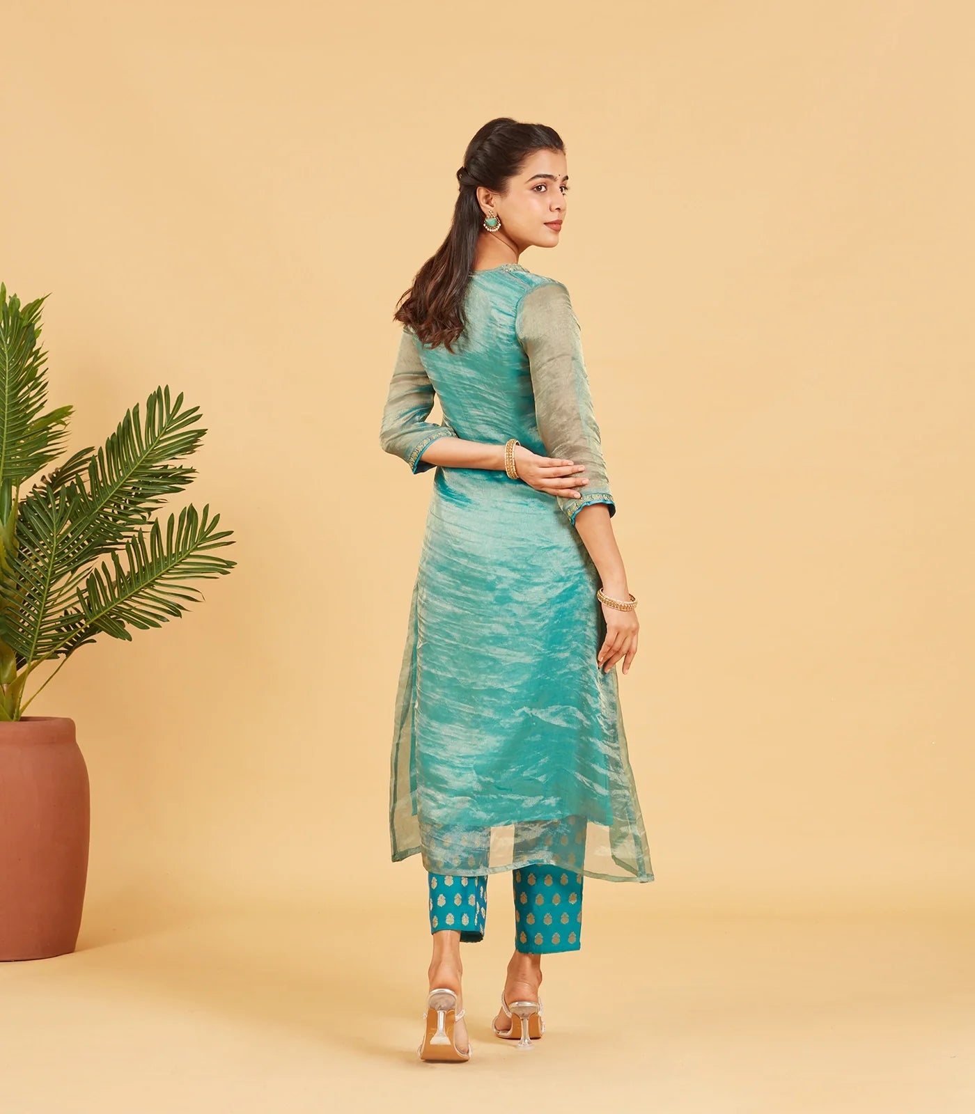 Teal And Gold Tissue Kurta