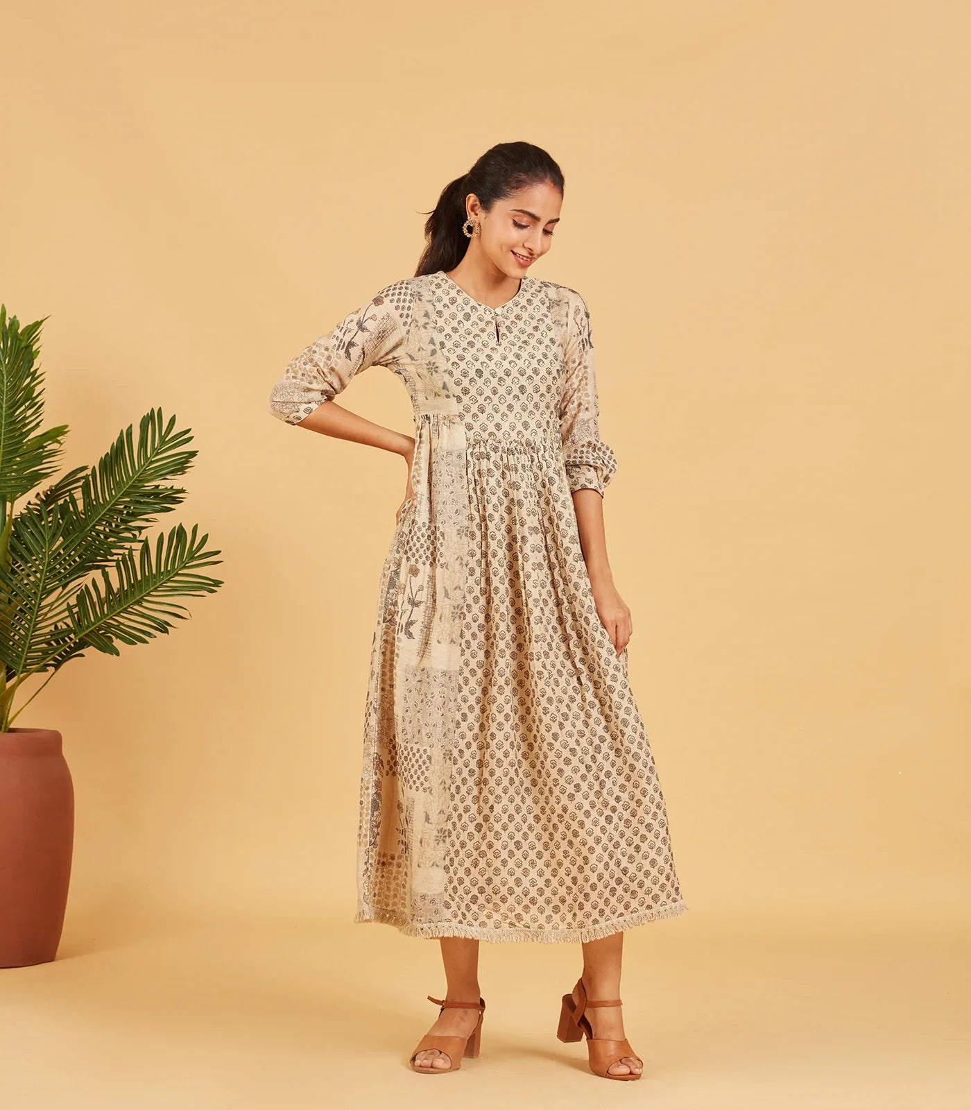 Beige Printed Dress Kurta