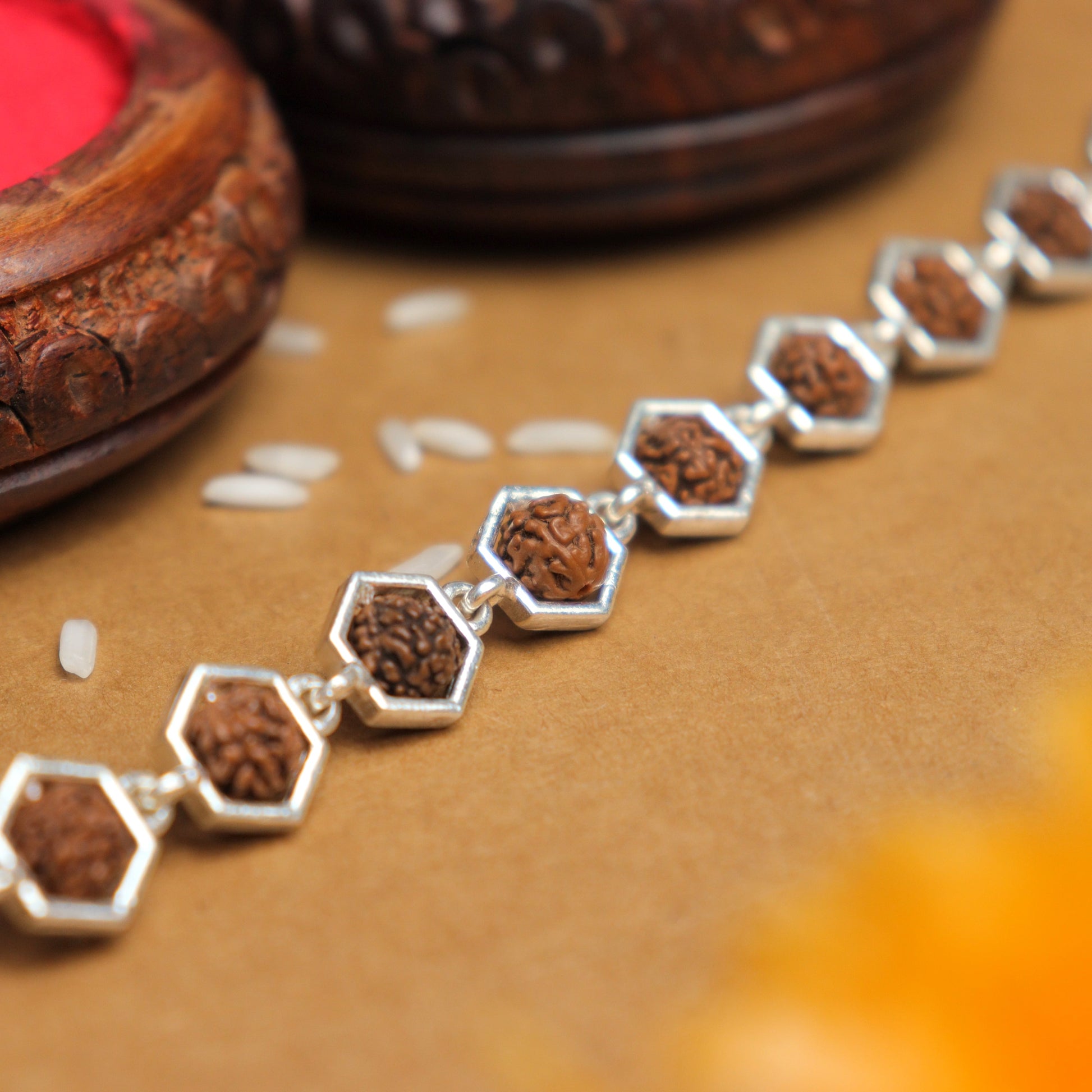 Silver Rakhi with Hexagonal Rudraksha Bracelet
