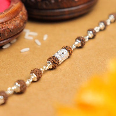 Silver Rakhi with Diamond Cylinder and Rudraksha