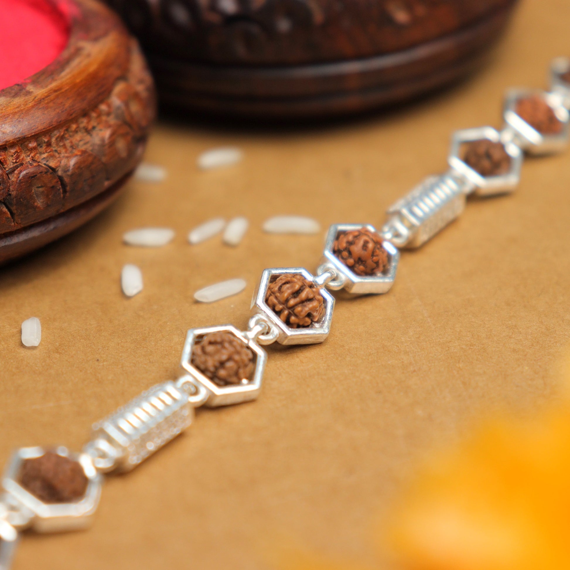 Silver Rakhi with Hexagon Rudraksha Beads