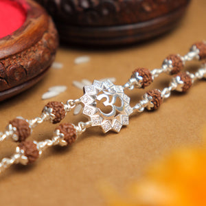Silver Rakhi with Rudraksha, Om Flower Design, Double Line Bracelet