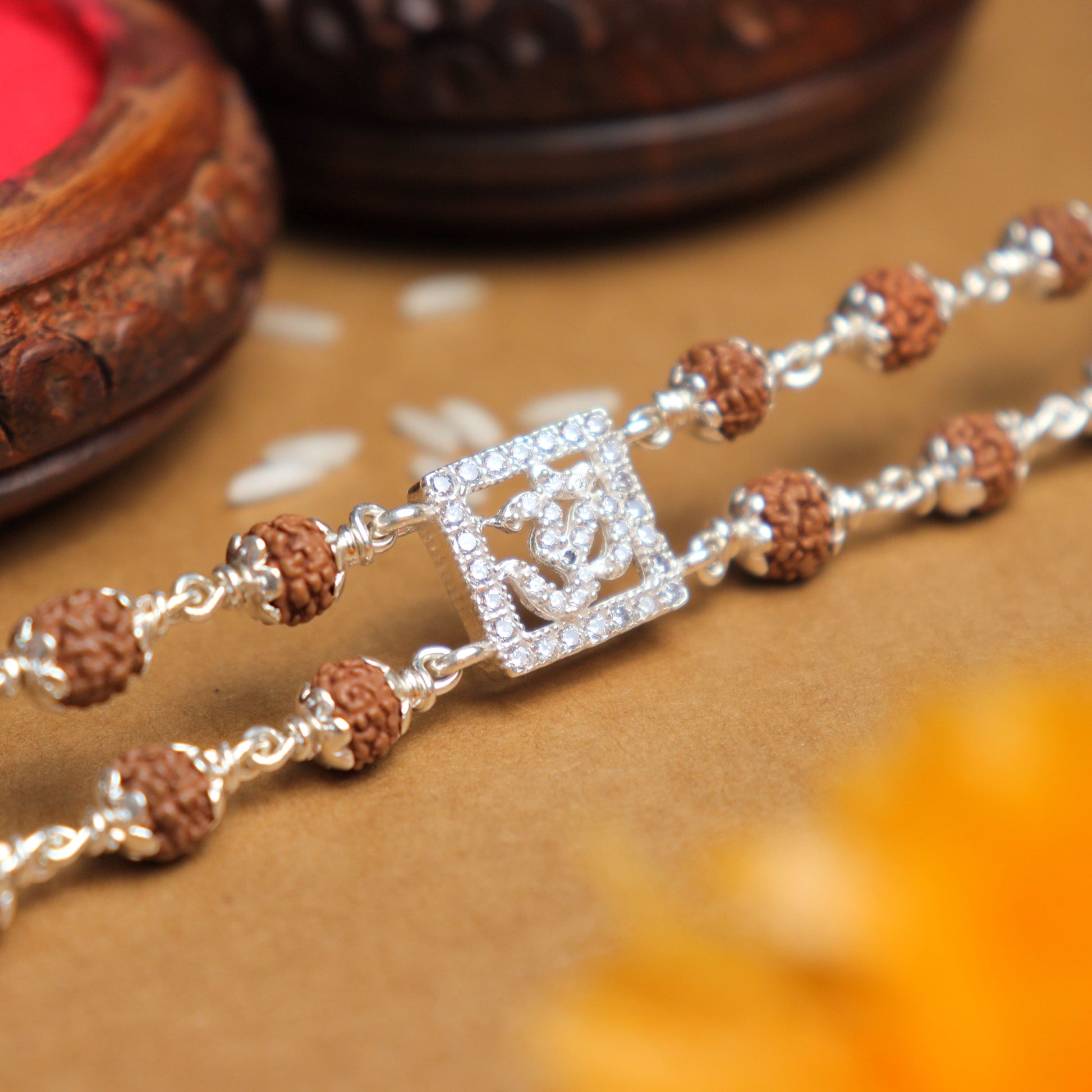 Silver Rakhi with Rudraksha, Square Diamond, and Om, Double Line Design