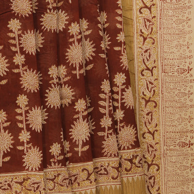Dark brown Kalamkari handblock printed chanderi saree