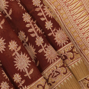 Dark brown Kalamkari handblock printed chanderi saree