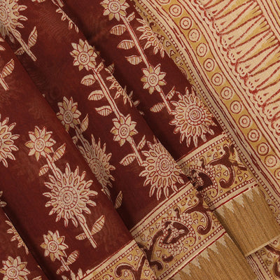 Dark brown Kalamkari handblock printed chanderi saree