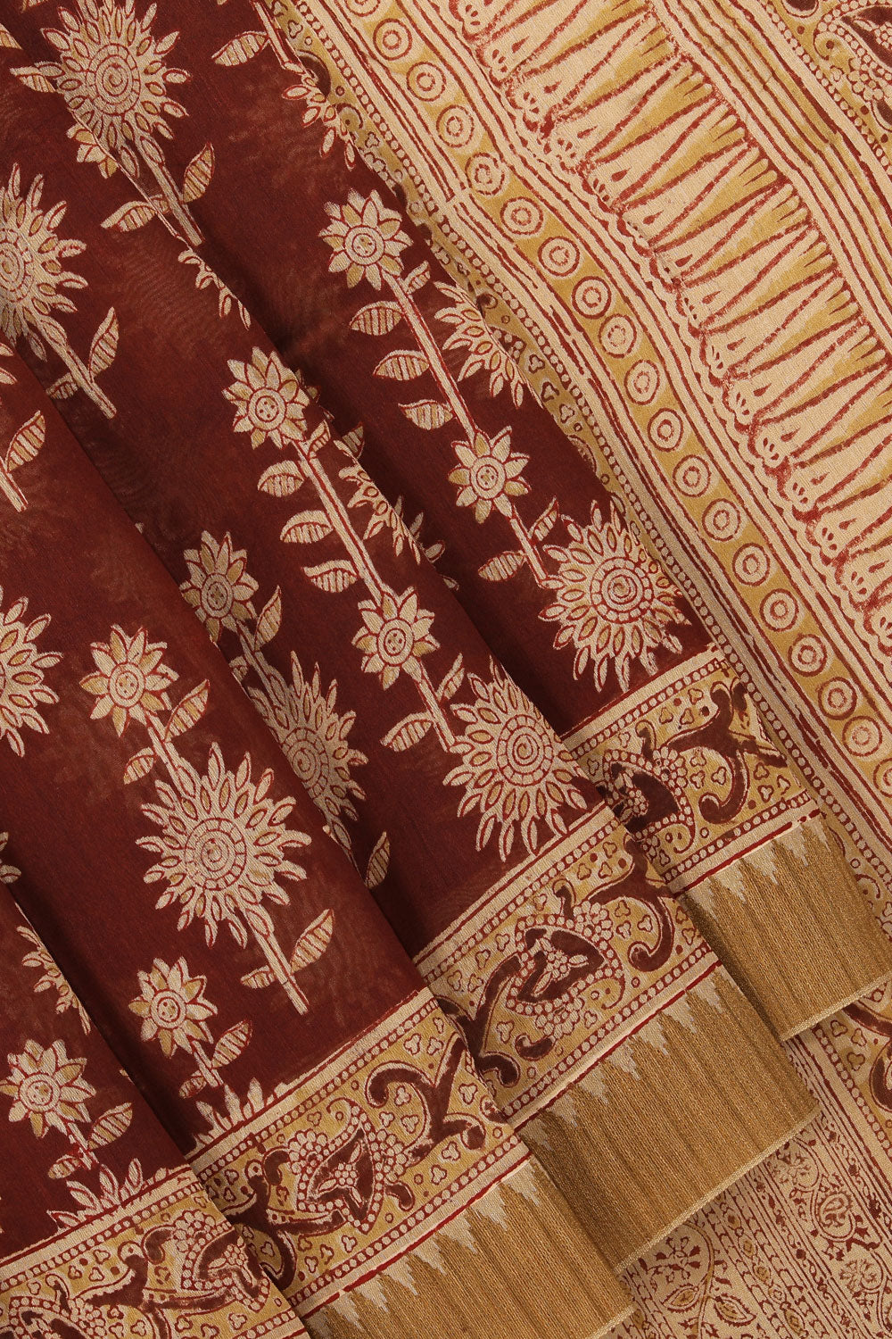 Dark brown Kalamkari handblock printed chanderi saree