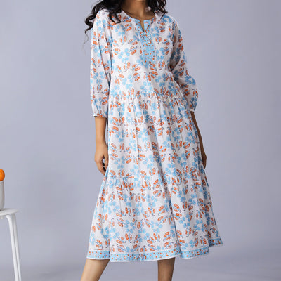 Handblock printed cotton tiered dress