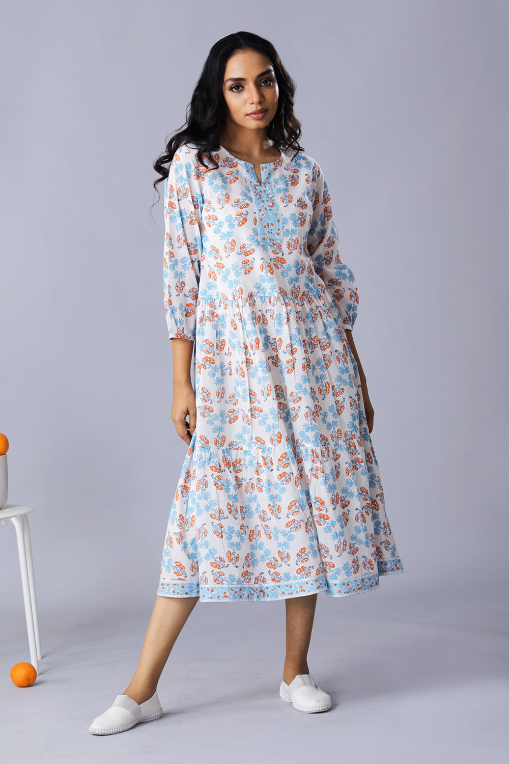 Handblock printed cotton tiered dress