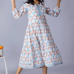 Handblock printed cotton tiered dress