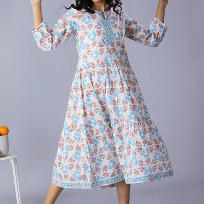 Handblock printed cotton tiered dress