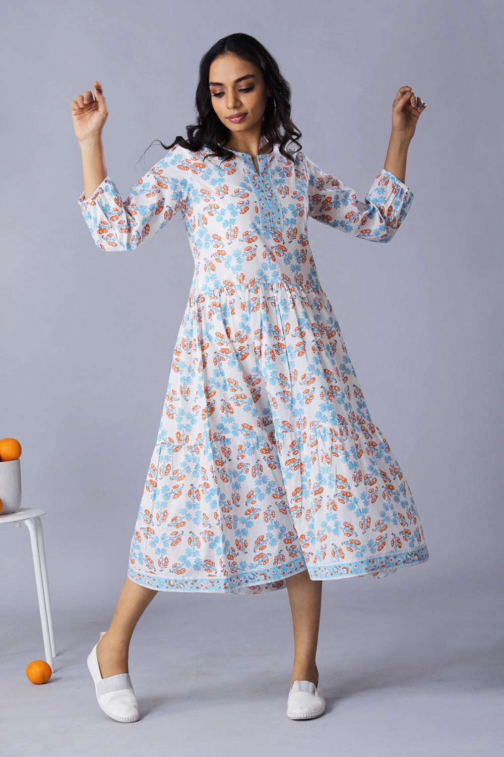 Handblock printed cotton tiered dress