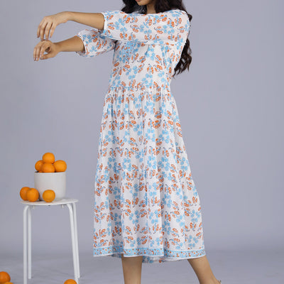 Handblock printed cotton tiered dress