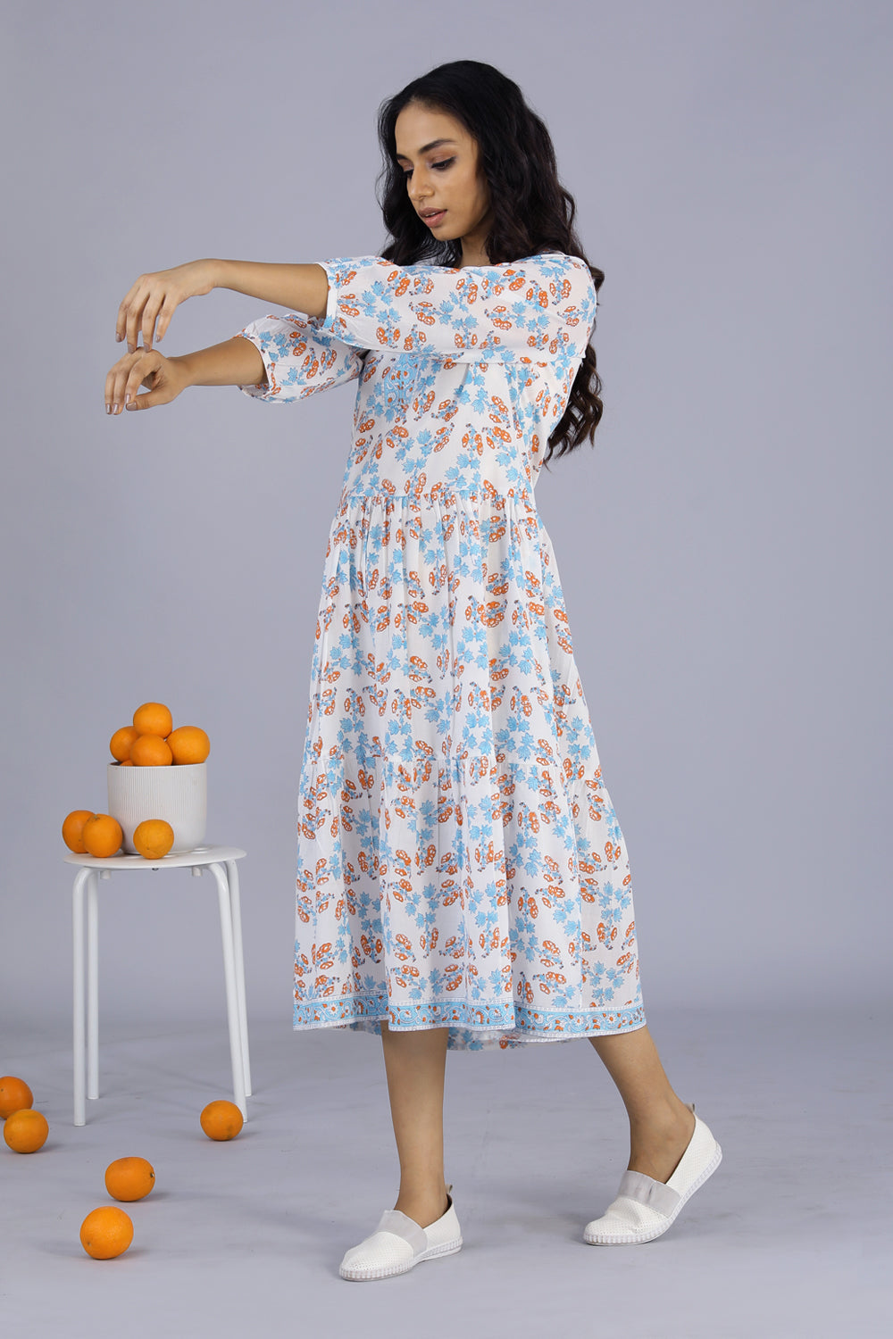 Handblock printed cotton tiered dress