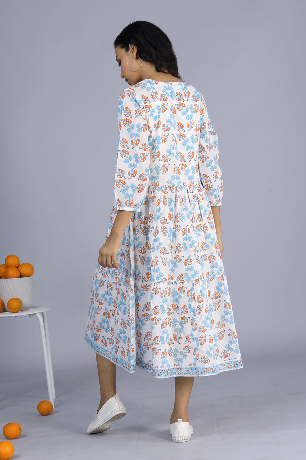 Handblock printed cotton tiered dress