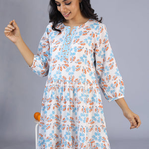 Handblock printed cotton tiered dress