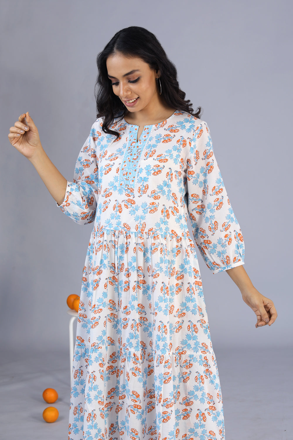 Handblock printed cotton tiered dress