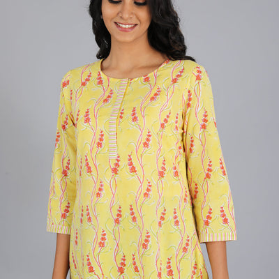Handblock printed yellow kurti